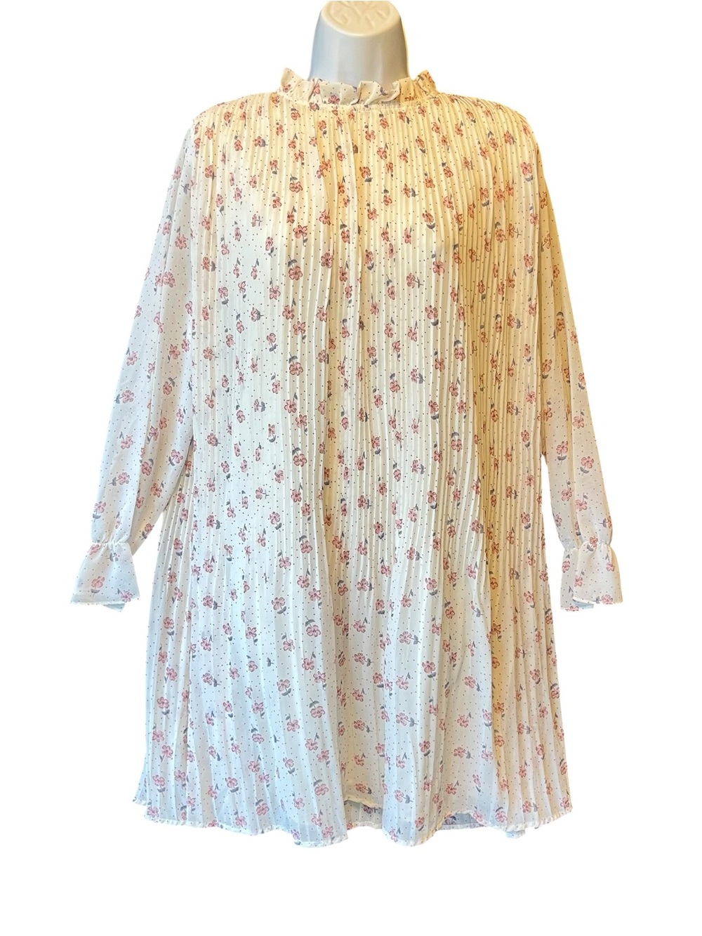 Carly Jean high neck floral dress S White pink Pleated Long sleeves Womens
